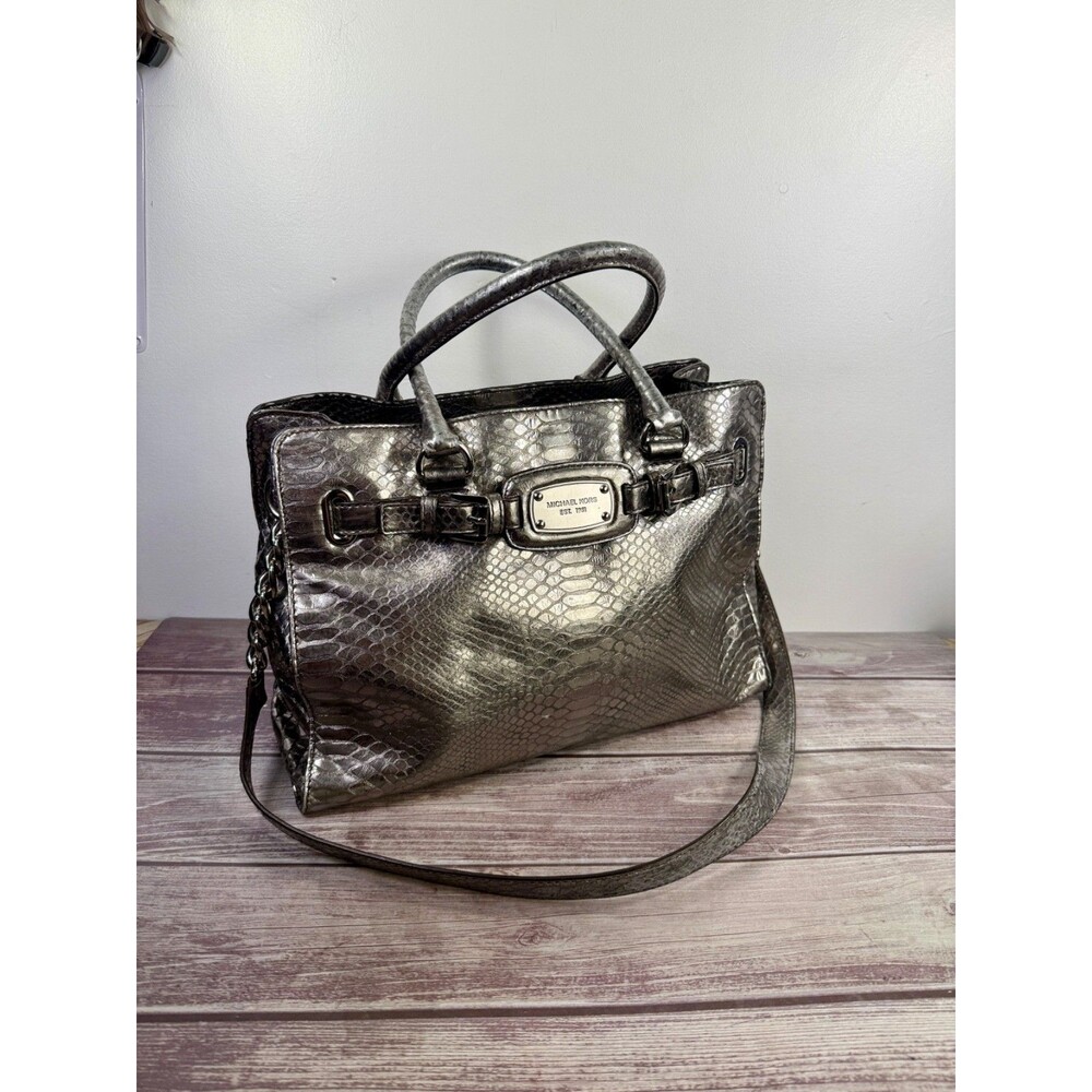 MICHAEL KORS Large Hamilton Gray Luxury Embossed Leather Satchel Shoulder Bag - Picture 1 of 17